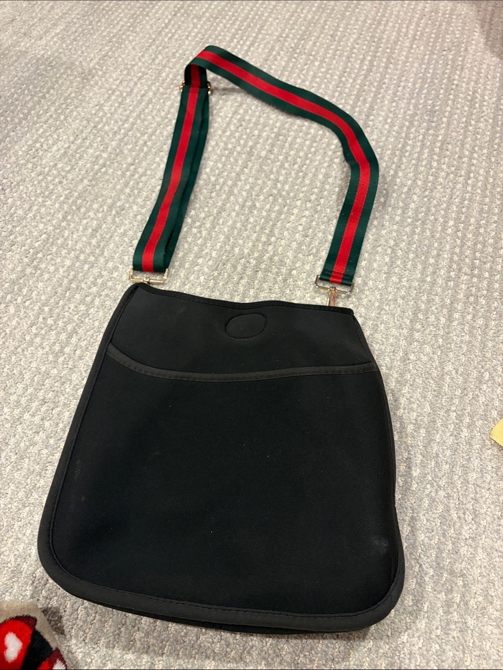 Black Crossbody Bag with Green-Red Stripe Strap